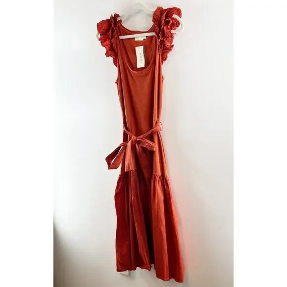 Nation LTD Everly Frilly Ruffle Strap Tiered Cotton Midi Dress Cayene Red Small - Picture 7 of 11